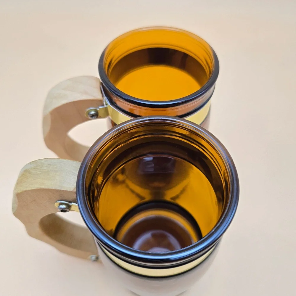Vintage Amber Glass Beer Stein Salt and Pepper Shakers Wood Handle Gold Trim Set